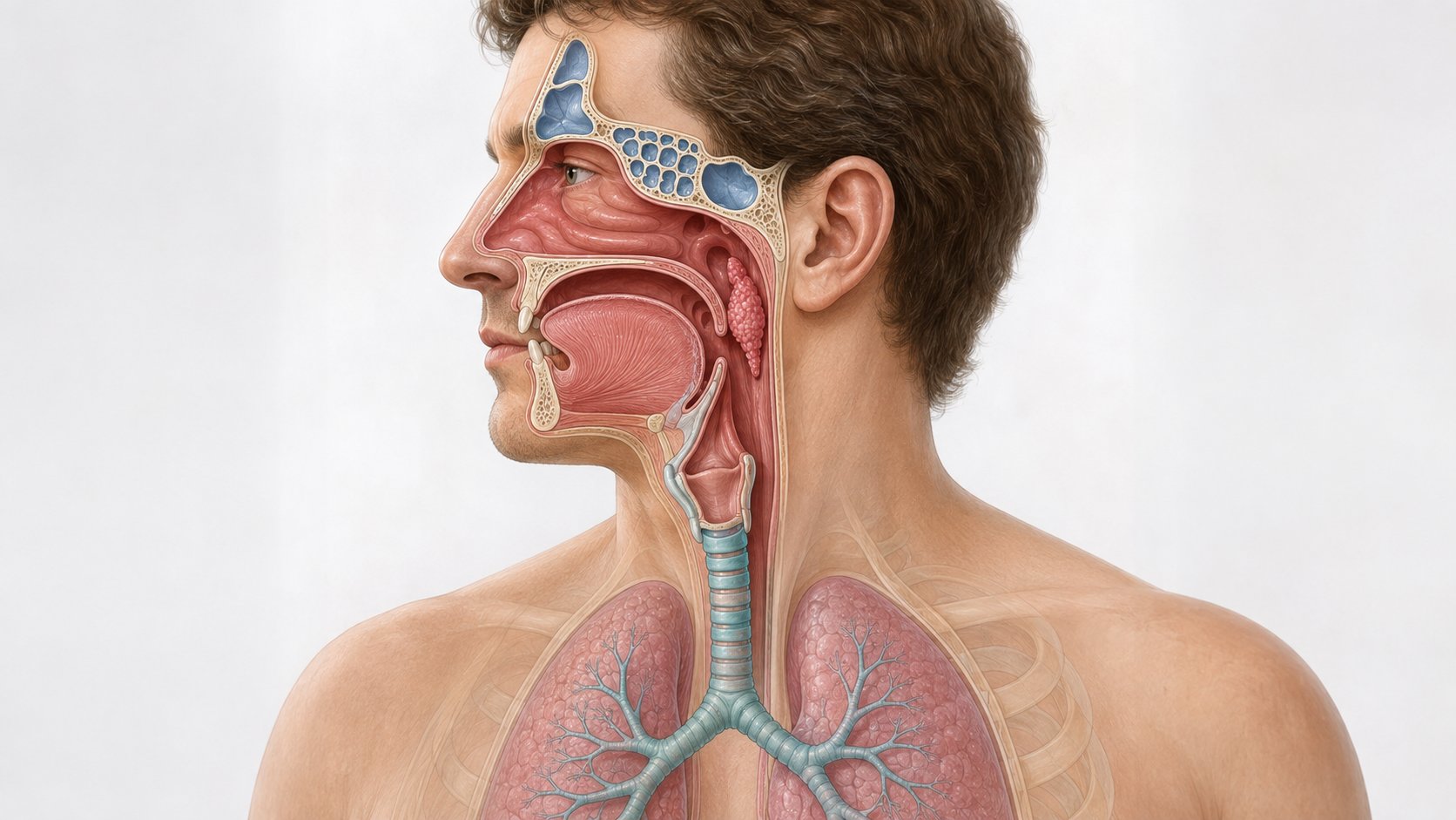 Anatomski prikaz glave i grudnog koša sa vidljivim sinusima, krajnicima, grlom, dušnikom i plućima.